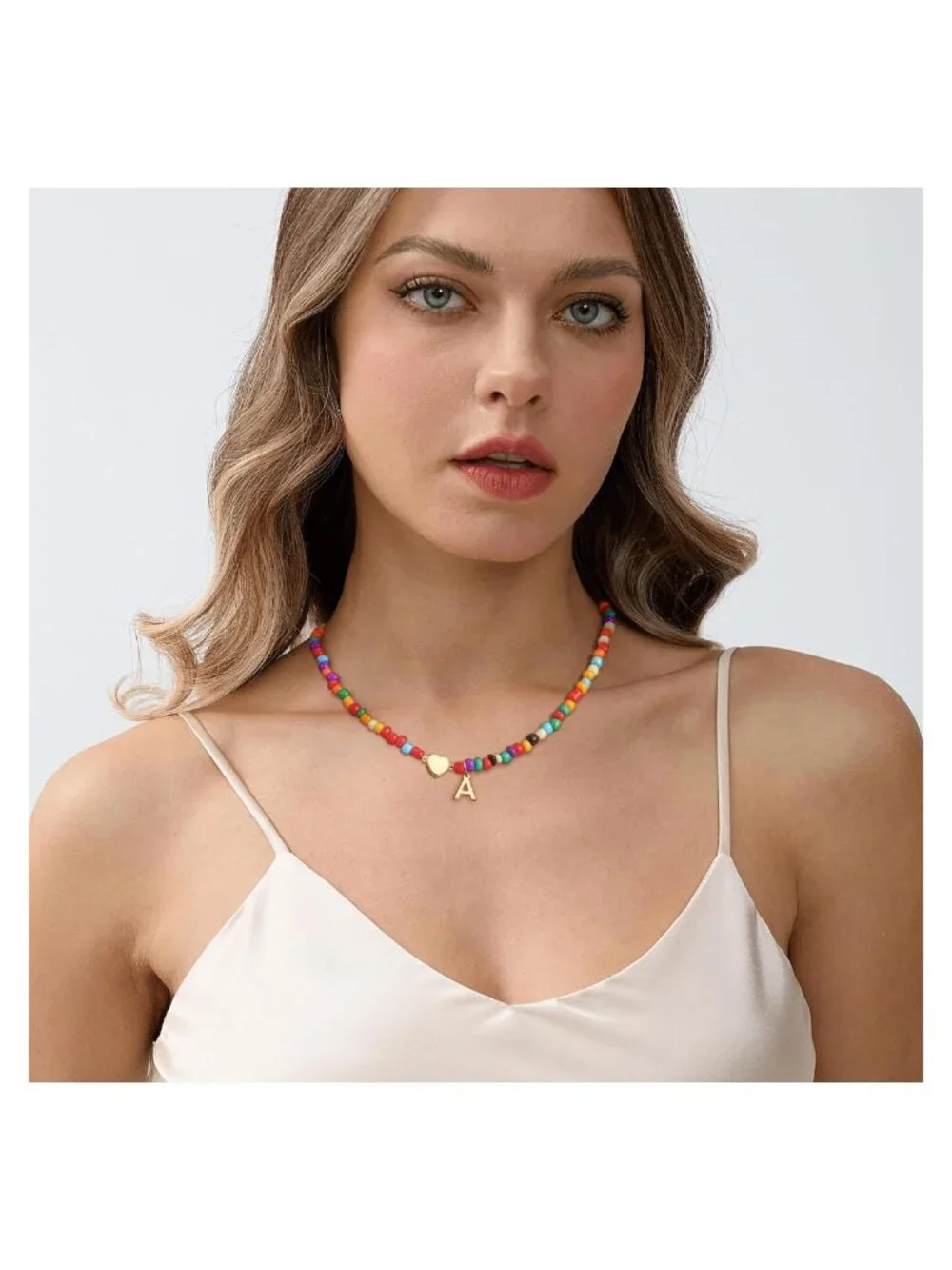 Heart Initial Beaded Necklace Girls Boho Choker 16+2 Inch